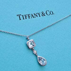 $4000 Tiffany & Co. 18k WG 1.59ctw Aquamarine & Diamond Lariat Pendant Necklace